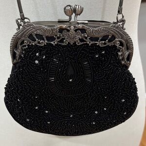 Ornate Black Beaded Clutch with Silver Accents